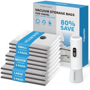 Travel Vacuum Bags w. 60000Pa LED Electric Pump, 9 Pack Vacuum seal bags 3 sizes